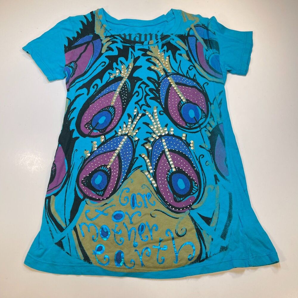 HUMANITY Brand Peacock Feather Design Art T Shirt Sz Womens M Blue